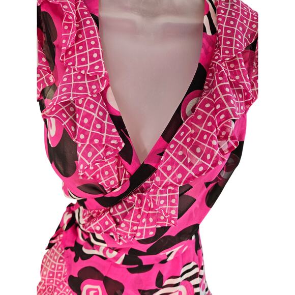 Celia Birdwell Vintage 2 Piece Skirt set Pink Black White Wrap Top Ruffled Sz SM - Picture 4 of 14